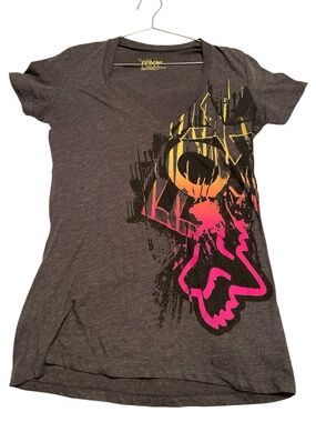Fox Women's Charcoal V-Neck Tee with Pink & Yellow Graphic xl